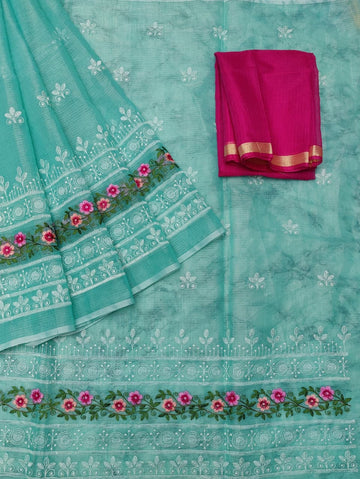 Sea-green Cotton Kota Doria Embroidery Work Saree With Contrast Blouse Piece