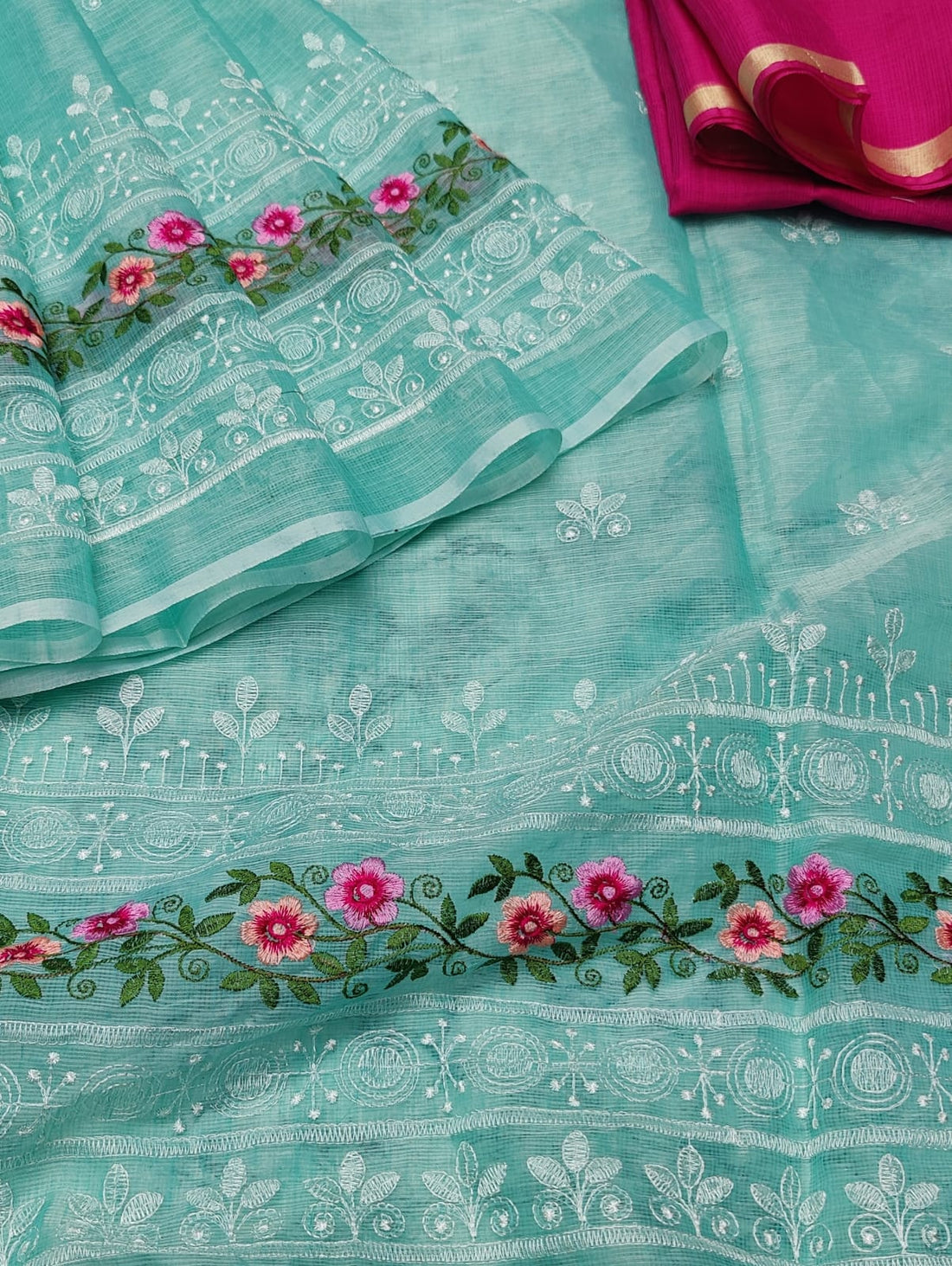 Sea-green Cotton Kota Doria Embroidery Work Saree With Contrast Blouse Piece