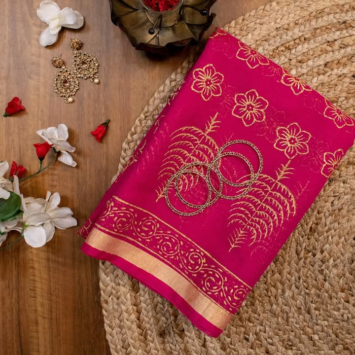 Cotton Kota Doria Block Printed Saree With Running Blouse.