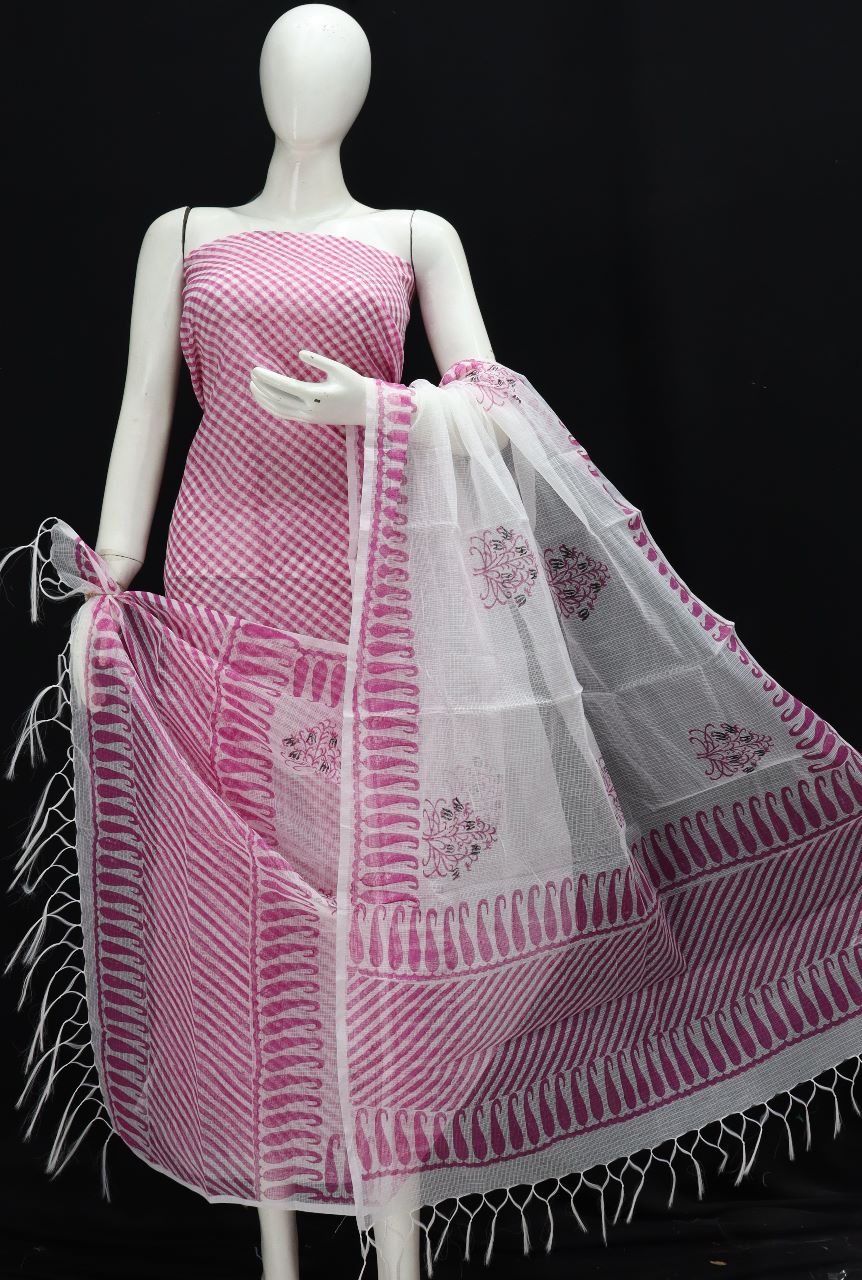 Pink lehriya Kota Doria Cotton Block Printed Dress Material