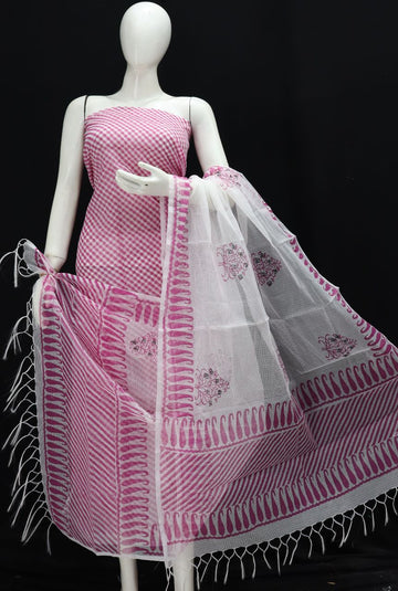 Pink lehriya Kota Doria Cotton Block Printed Dress Material
