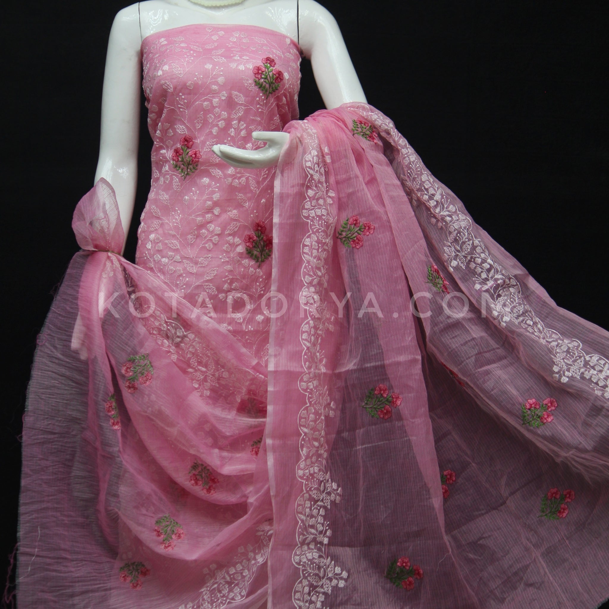 Pink Kota Doria Cotton Embroidery Work Dress Material With Bottom