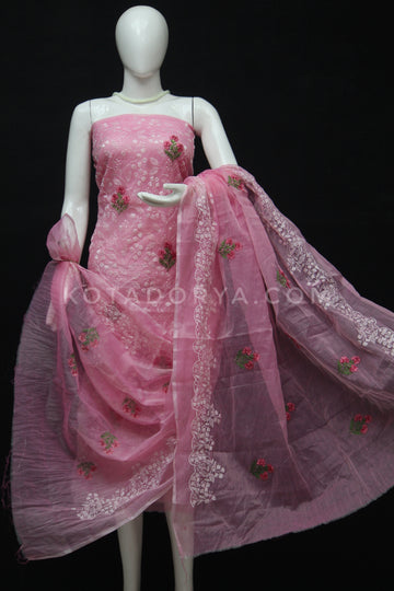 Pink Kota Doria Cotton Embroidery Work Dress Material With Bottom