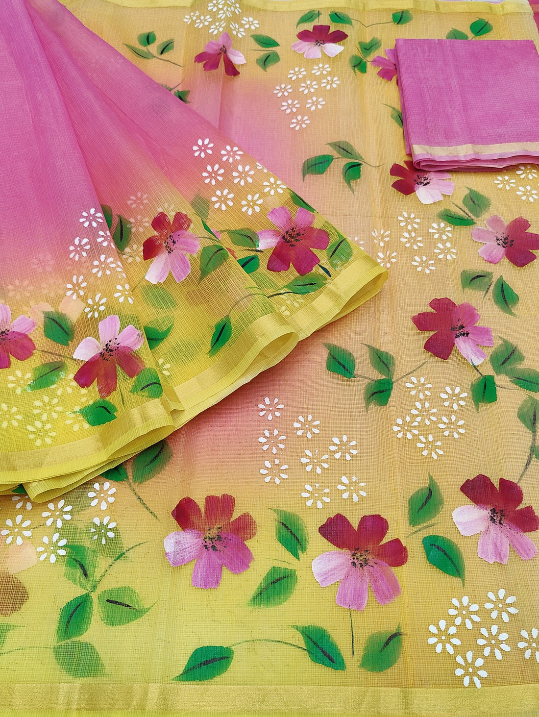 Pink Cotton Kota Doria Hand Painted Saree With Yellow Border & Contrast Blouse Piece.