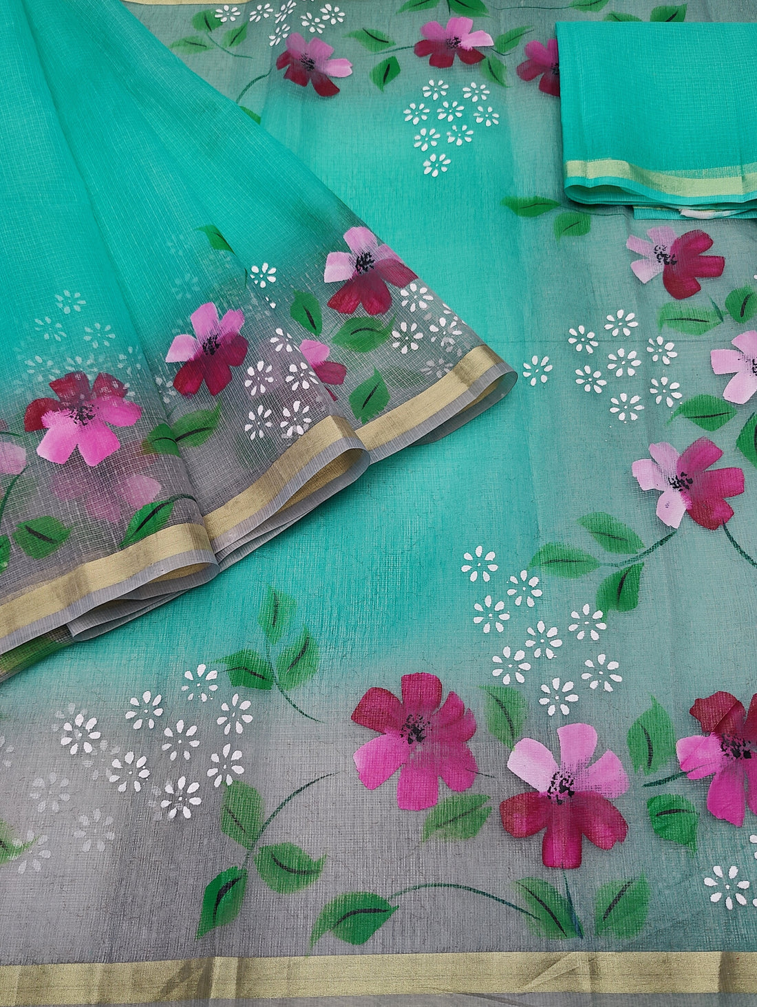Sea-green Cotton Kota Doria Hand Painted Saree With Gray Border & Contrast Blouse Piece.