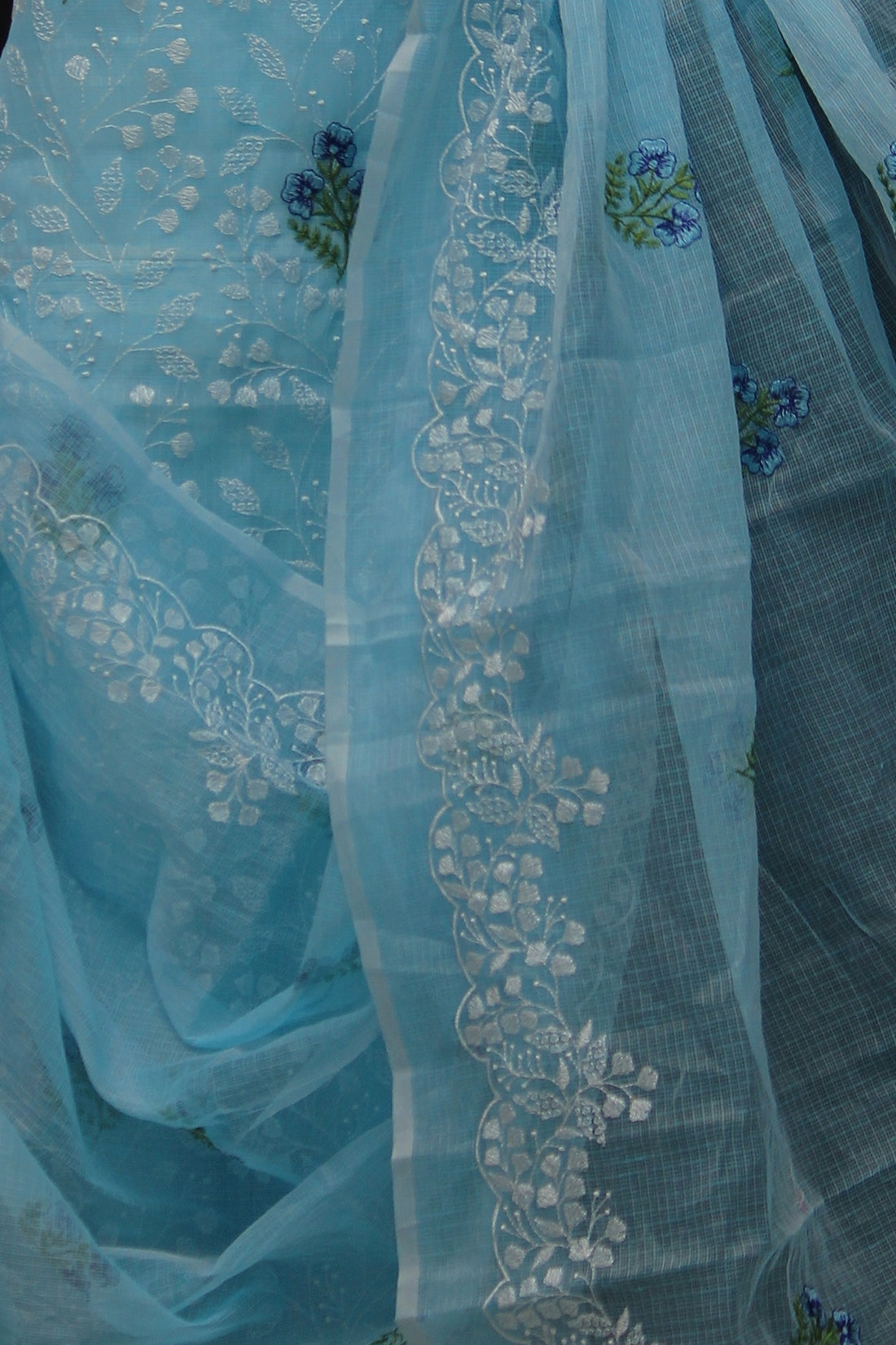 Skyblue Kota Doria Cotton Embroidery Work Dress Material With Bottom
