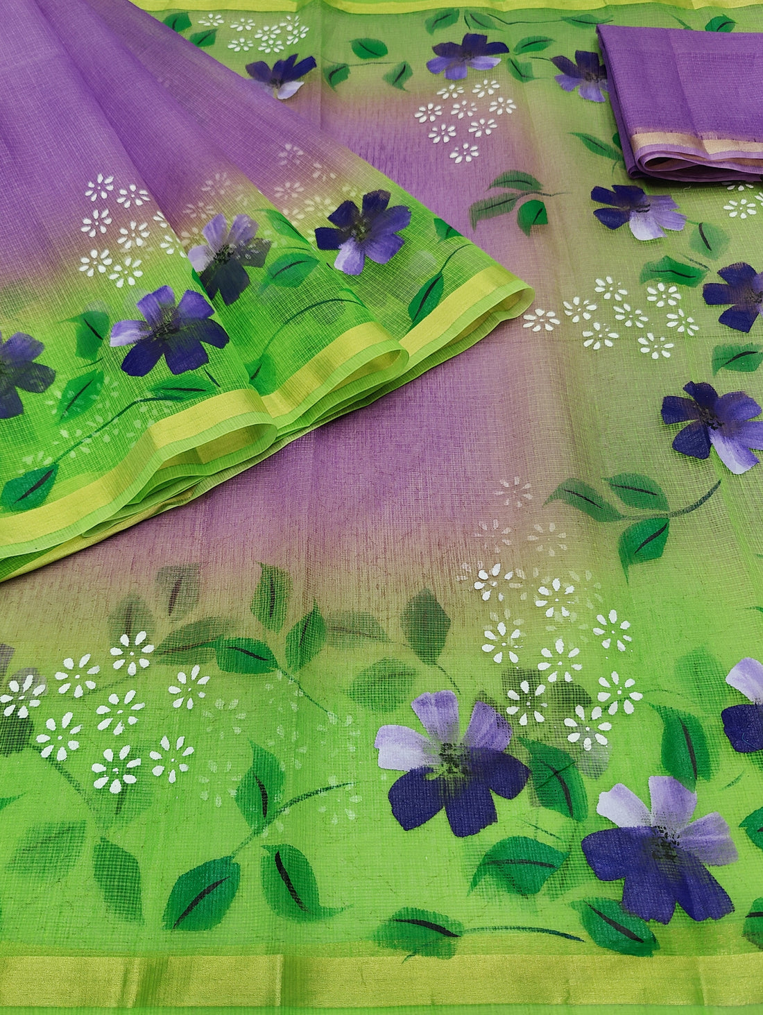 Purple Cotton Kota Doria Hand Painted Saree With Green Border  & Contrast Blouse Piece.