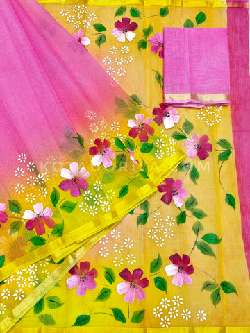 Pink Cotton Kota Doria Hand Painted Saree With Yellow Border & Contrast Blouse Piece.