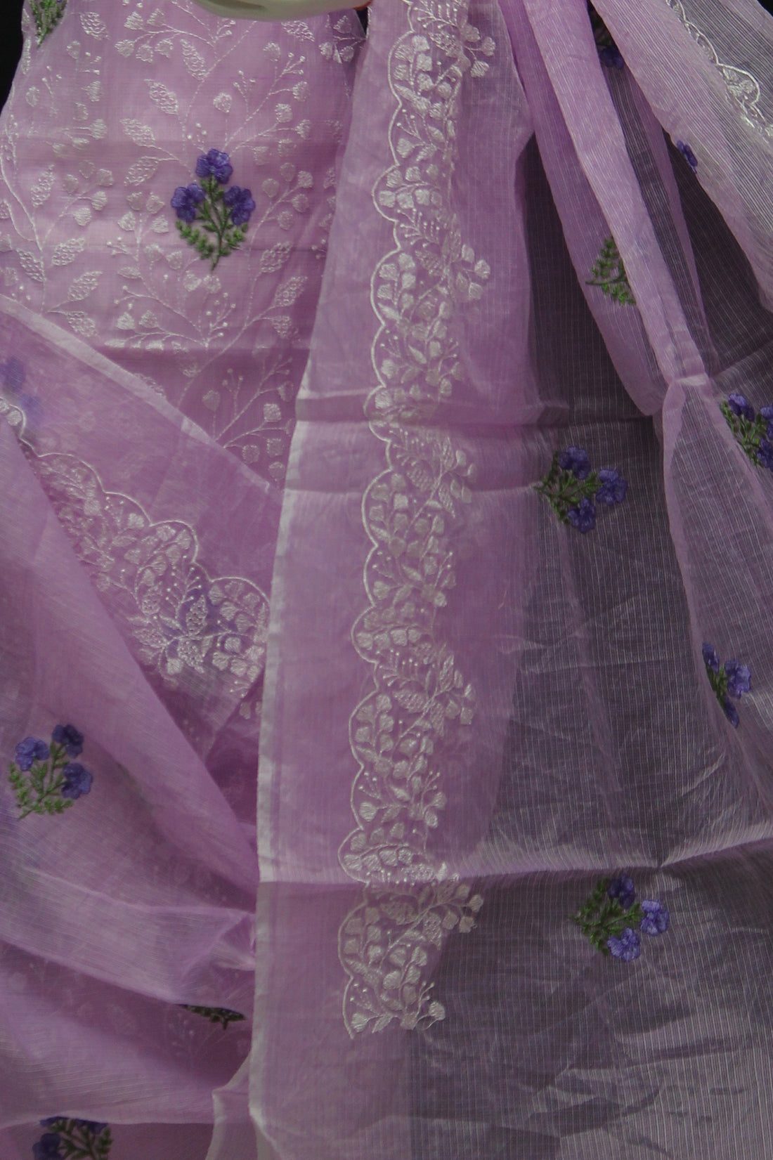 Purple Kota Doria Cotton Embroidery Work Dress Material With Bottom