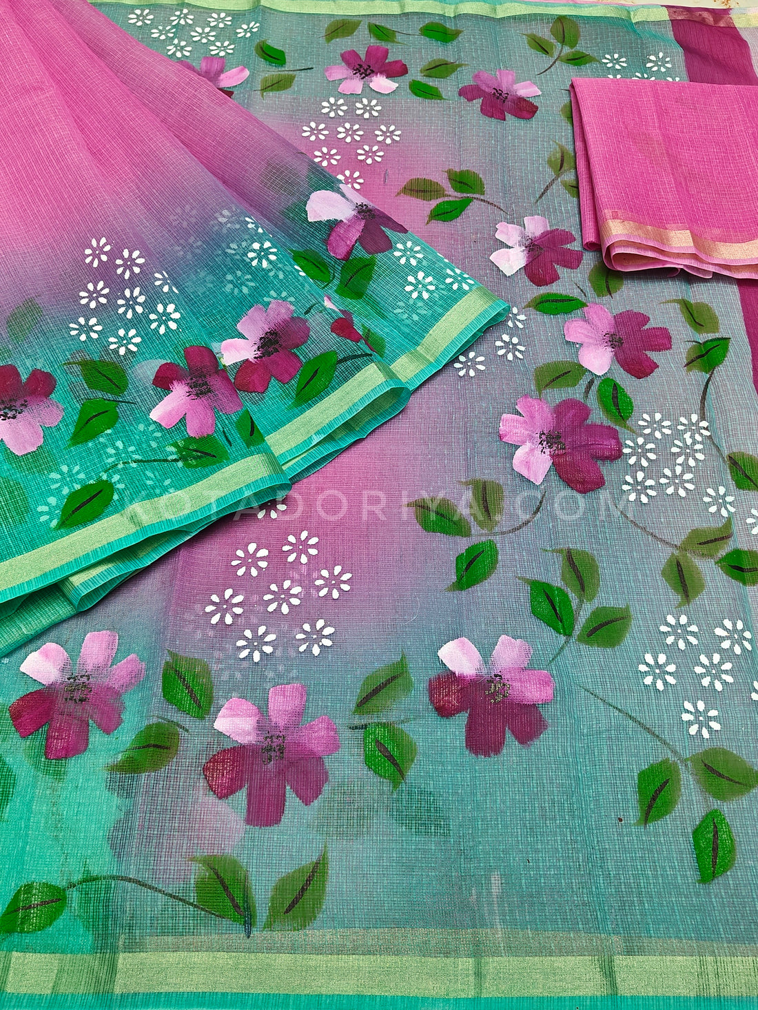 Pink Cotton Kota Doria Hand Painted Saree With Sea-green Border & Contrast Blouse Piece.