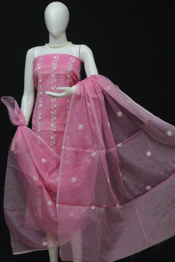 Pink Kota Doria Cotton Embroidery Work Dress Material With Bottom