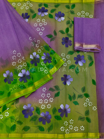 Purple Cotton Kota Doria Hand Painted Saree With Green Border  & Contrast Blouse Piece.
