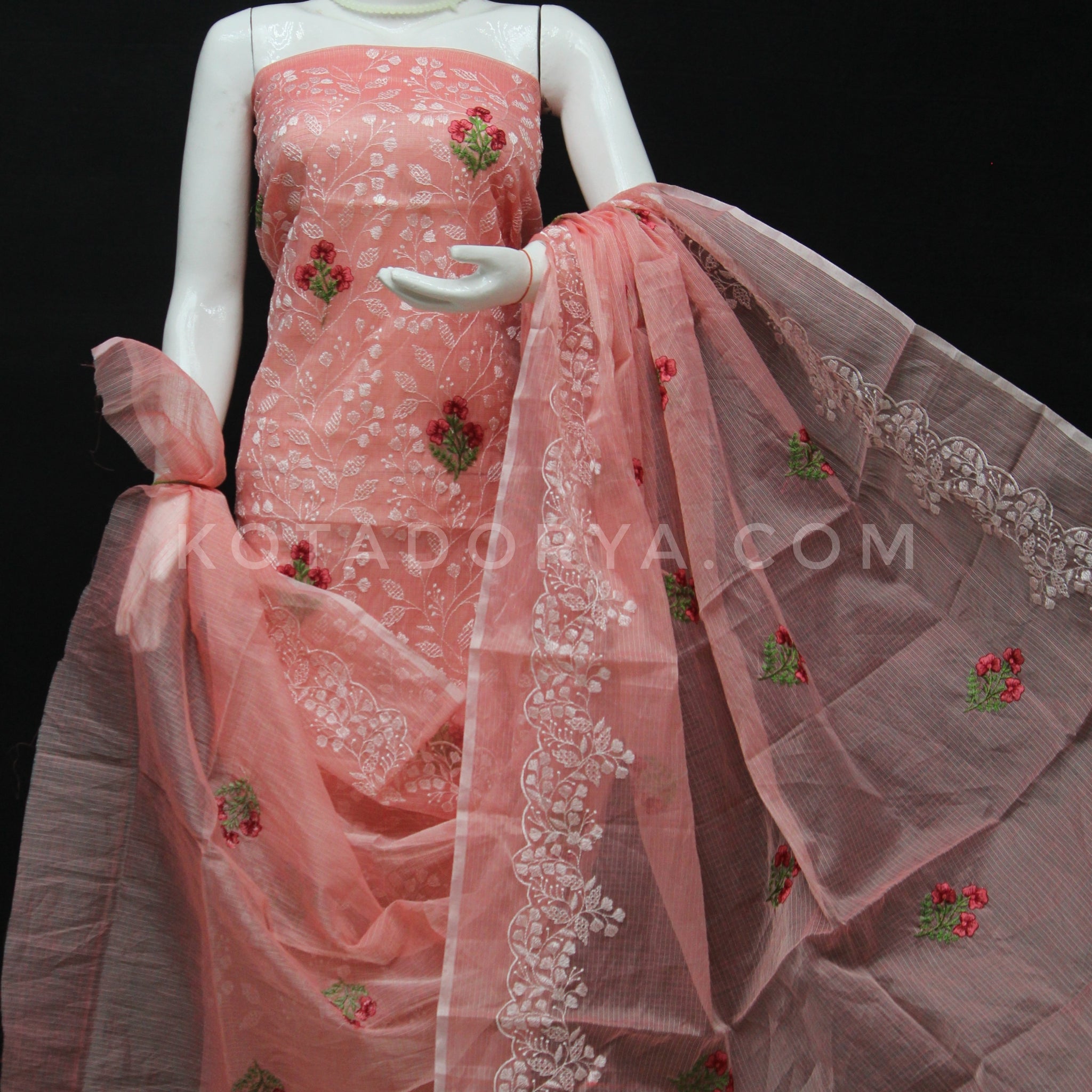 Peach Kota Doria Cotton Embroidery Work Dress Material With Bottom