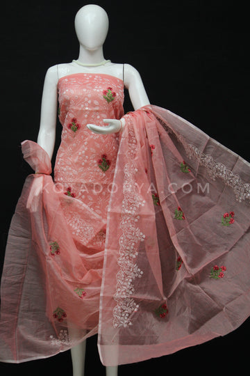 Peach Kota Doria Cotton Embroidery Work Dress Material With Bottom