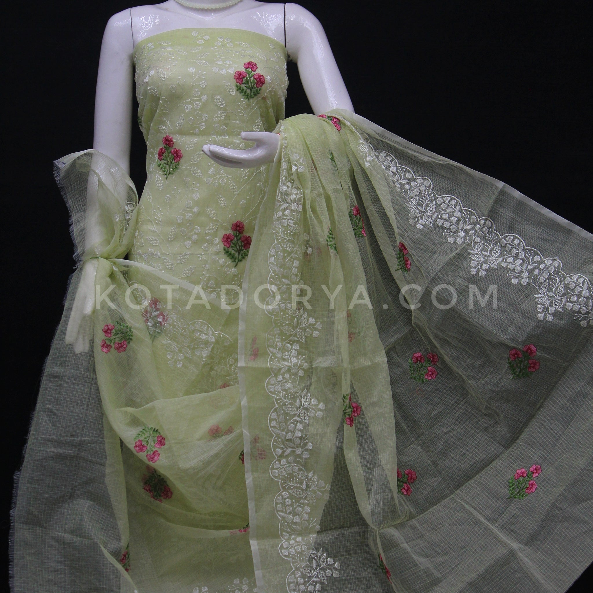 Pista Green Kota Doria Cotton Embroidery Work Dress Material With Bottom