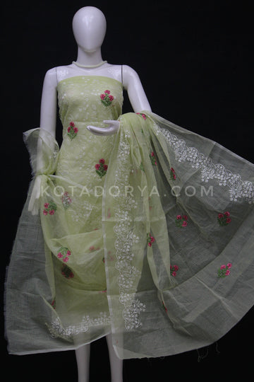 Pista Green Kota Doria Cotton Embroidery Work Dress Material With Bottom