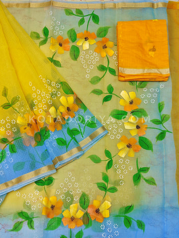 Yellow Cotton Kota Doria Hand Painted Saree With Contrast Blouse