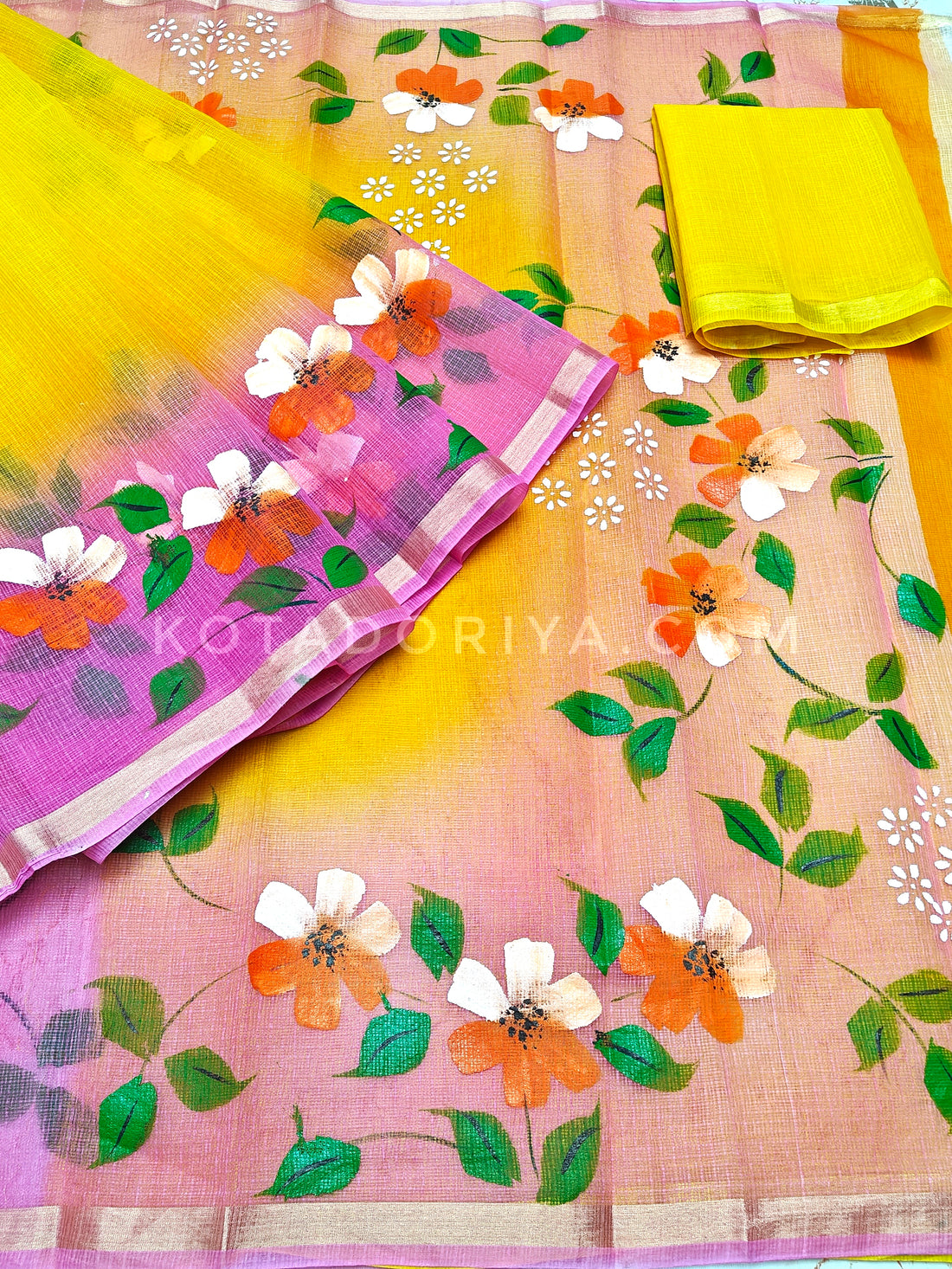 Yellow Cotton Kota Doria Hand Painted Saree With Pink Border & Contrast Blouse Piece.