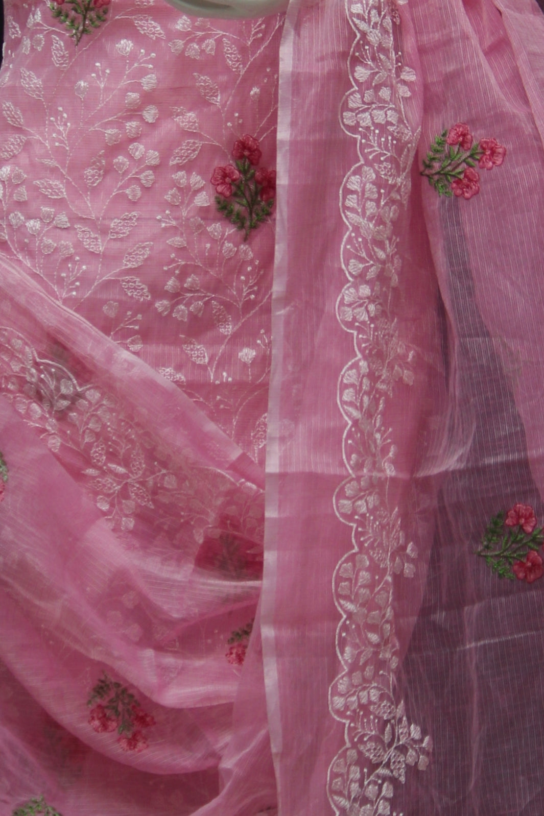 Pink Kota Doria Cotton Embroidery Work Dress Material With Bottom