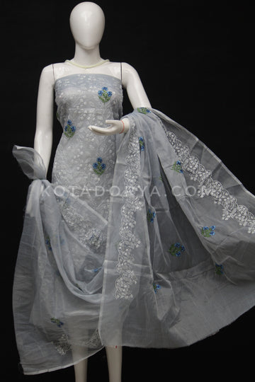 Gray Kota Doria Cotton Embroidery Work Dress Material With Bottom