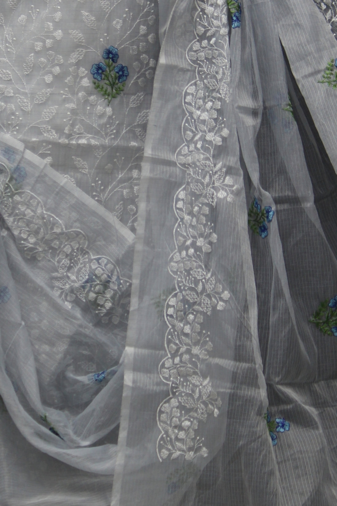 Gray Kota Doria Cotton Embroidery Work Dress Material With Bottom