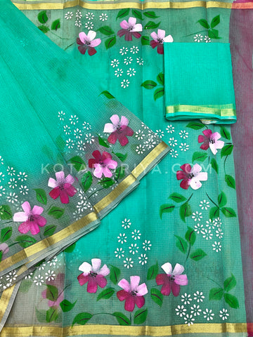 Sea-green Cotton Kota Doria Hand Painted Saree With Gray Border & Contrast Blouse Piece.