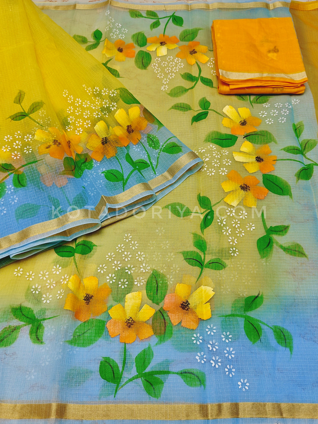 Yellow Cotton Kota Doria Hand Painted Saree With Contrast Blouse