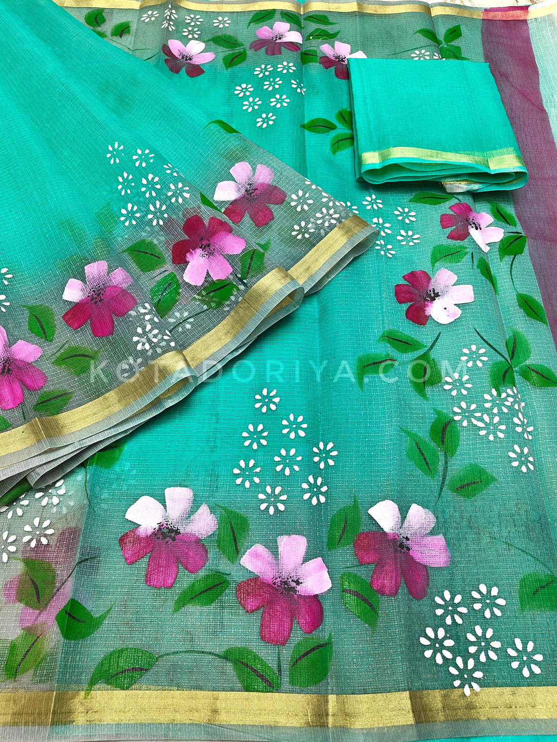 Sea-green Cotton Kota Doria Hand Painted Saree With Gray Border & Contrast Blouse Piece.