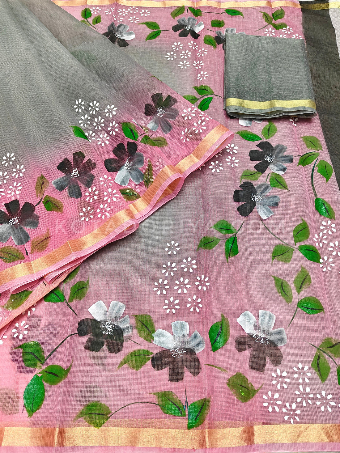 Gray Cotton Kota Doria Hand Painted Saree With Peach Border & Contrast Blouse Piece.