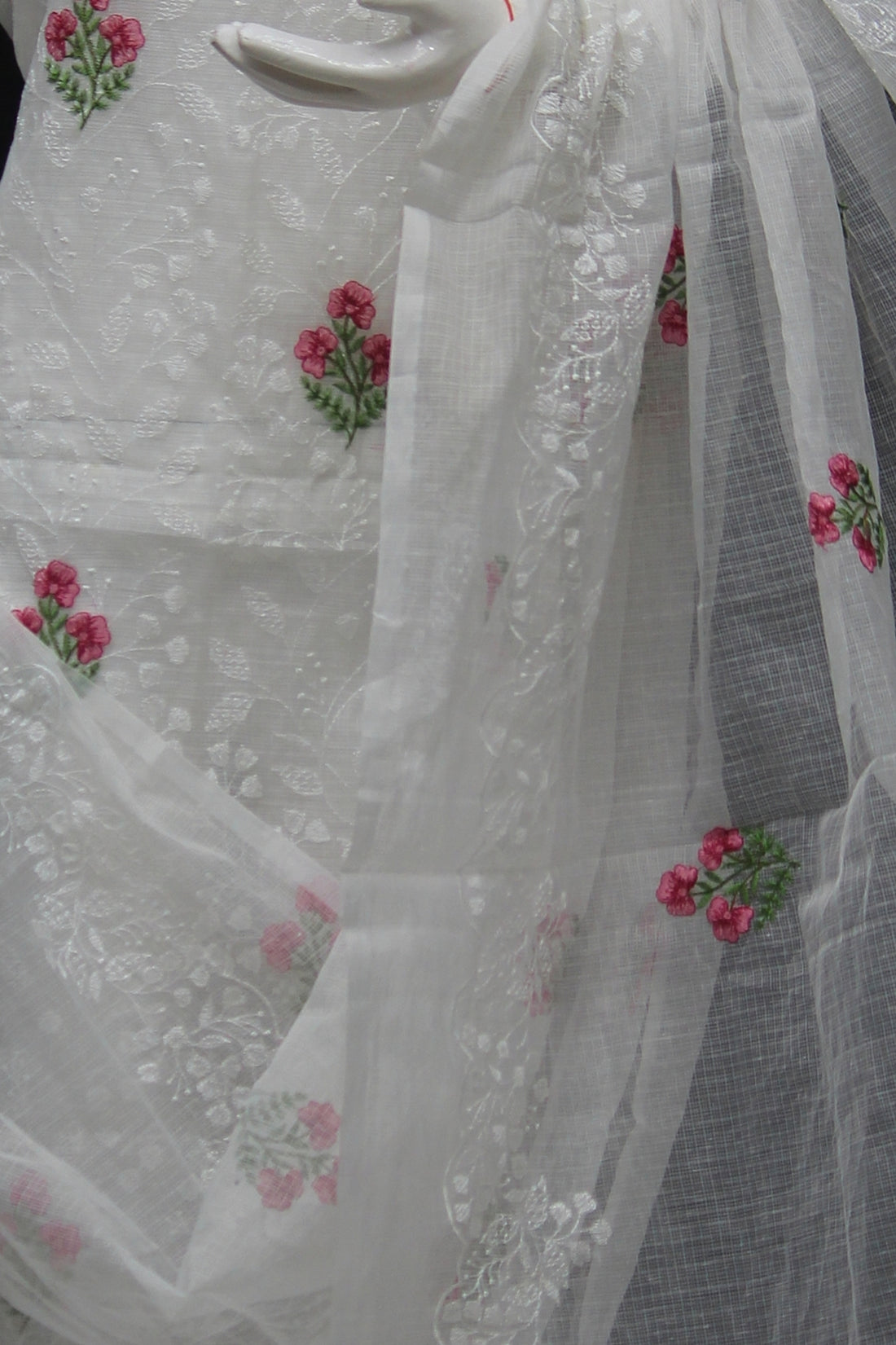White Kota Doria Cotton Embroidery Work Dress Material With Bottom