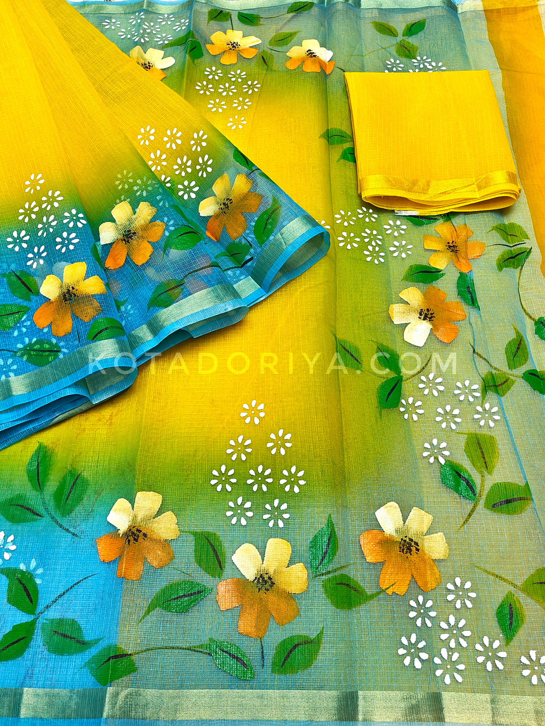 Yellow Cotton Kota Doria Hand Painted Saree With Sky-blue Border & Contrast Blouse Piece.