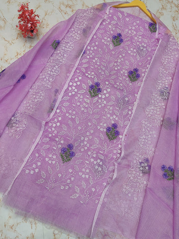 Purple Kota Doria Cotton Embroidery Work Dress Material With Bottom