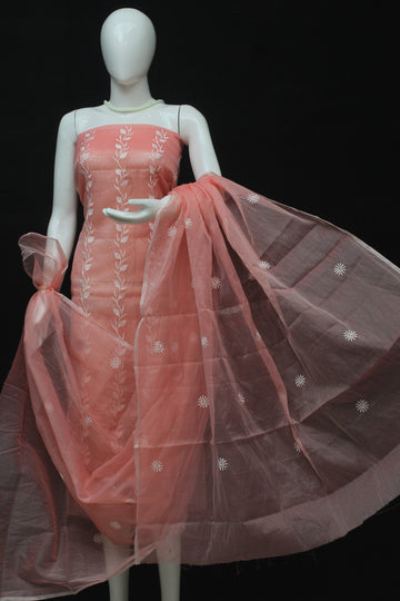 Peach Kota Doria Cotton Embroidery Work Dress Material With Bottom