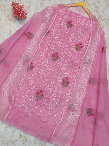 Pink Kota Doria Cotton Embroidery Work Dress Material With Bottom