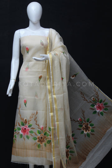 Badge Kota Doria Cotton Hand Pented Dress Material With Bottom.