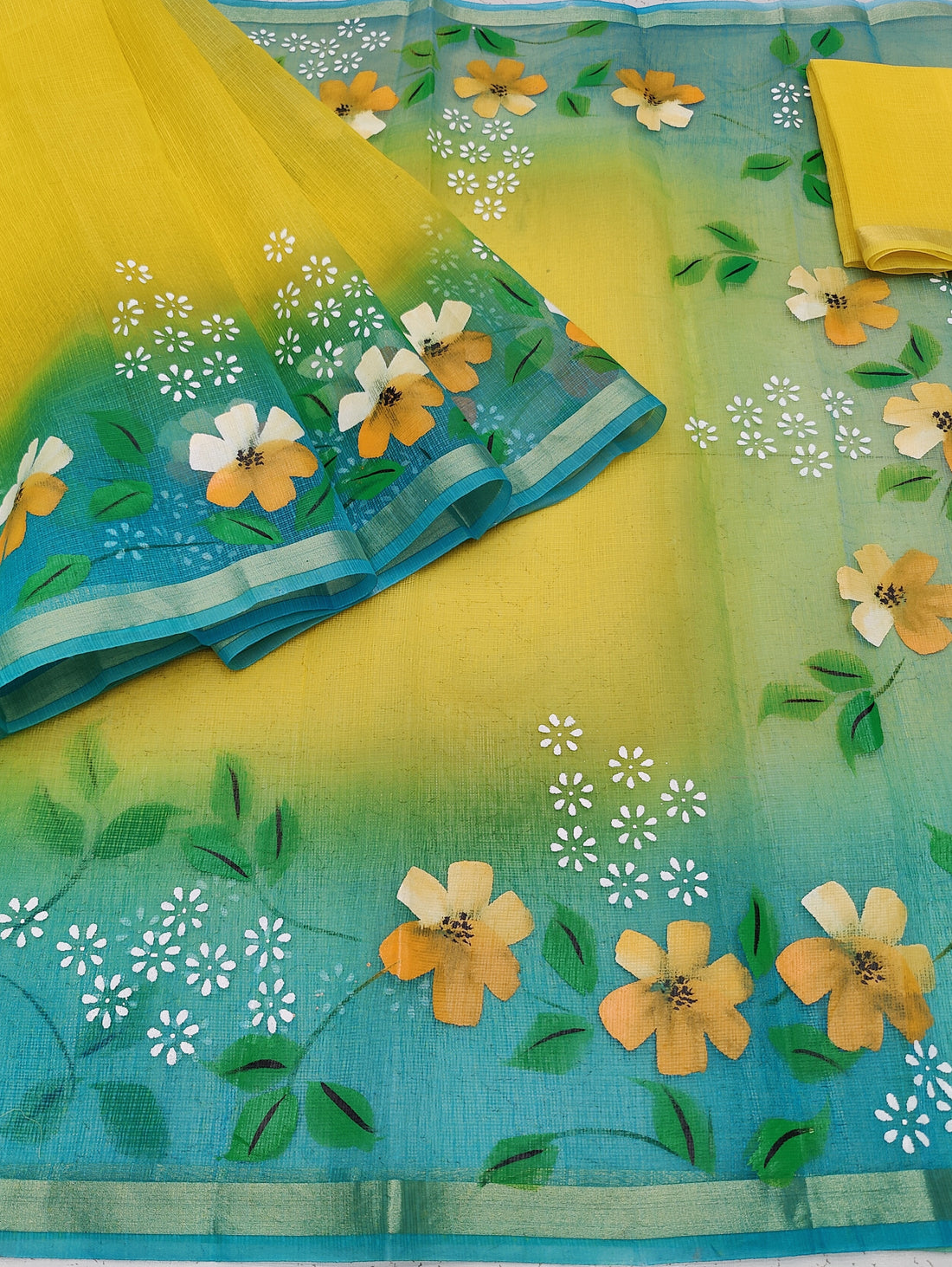 Yellow Cotton Kota Doria Hand Painted Saree With Sky-blue Border & Contrast Blouse Piece.