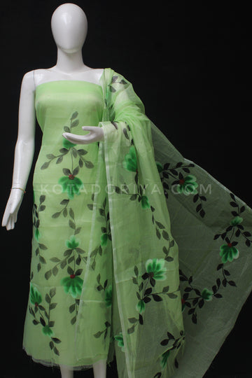 Green Kota Doria Cotton Hand Pented Dress Material With Bottom.