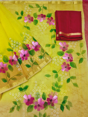 Yellow Cotton Kota Doria Hand Painted Saree With Contrast Blouse
