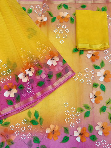 Yellow Cotton Kota Doria Hand Painted Saree With Pink Border & Contrast Blouse Piece.