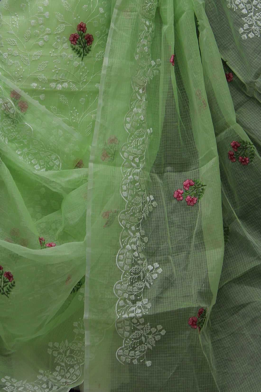 Green Kota Doria Cotton Embroidery Work Dress Material With Bottom