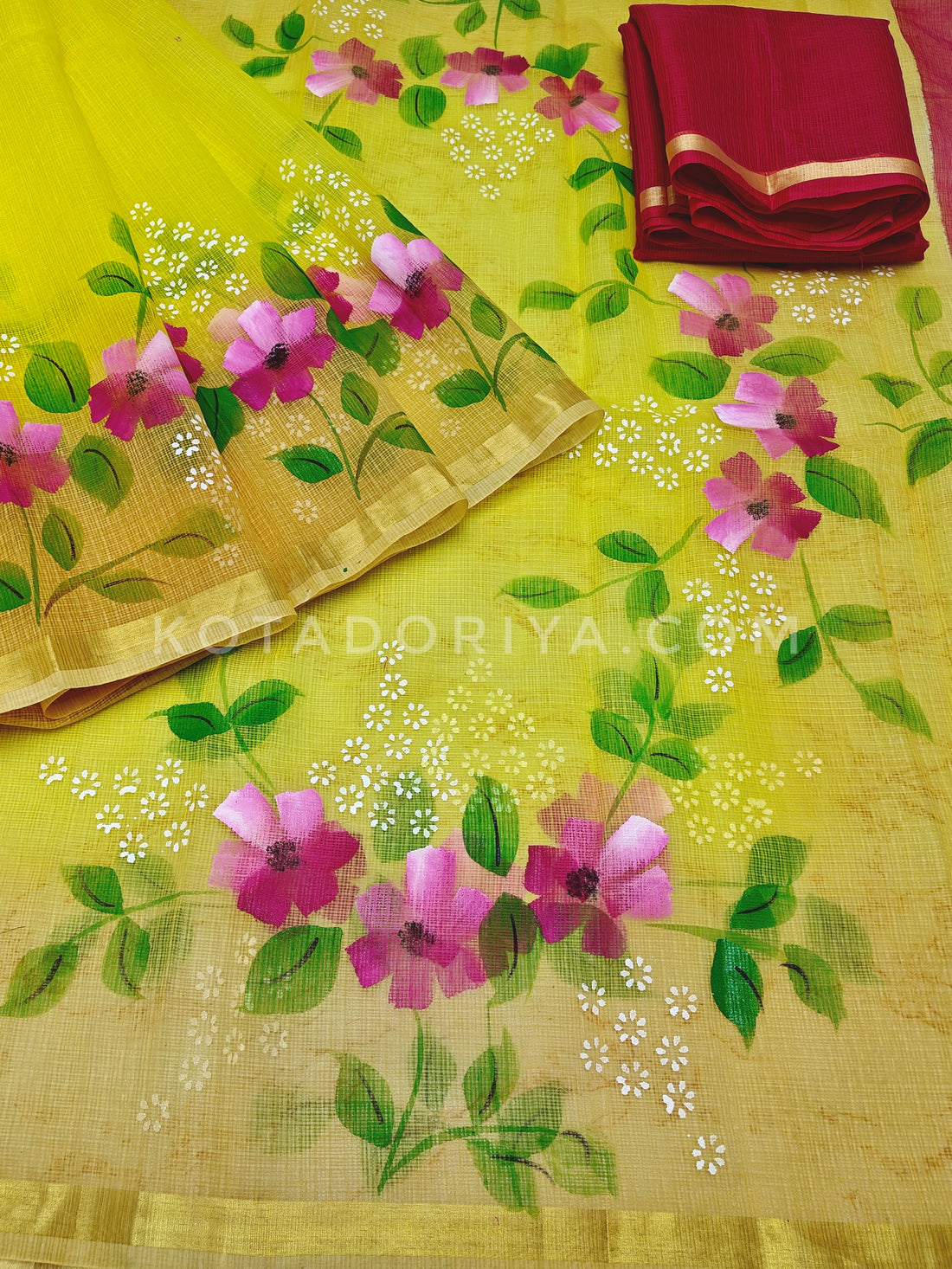 Yellow Cotton Kota Doria Hand Painted Saree With Contrast Blouse