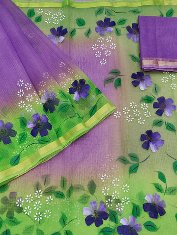 Purple Cotton Kota Doria Hand Painted Saree With Green Border  & Contrast Blouse Piece.