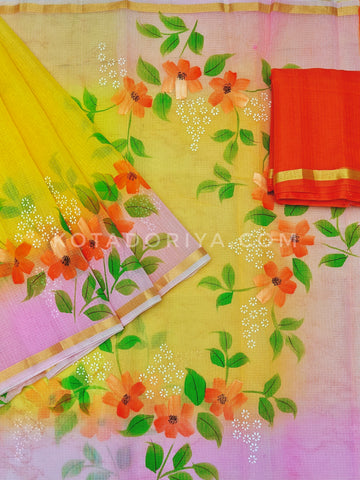 Yellow Cotton Kota Doria Hand Painted Saree With Contrast Blouse