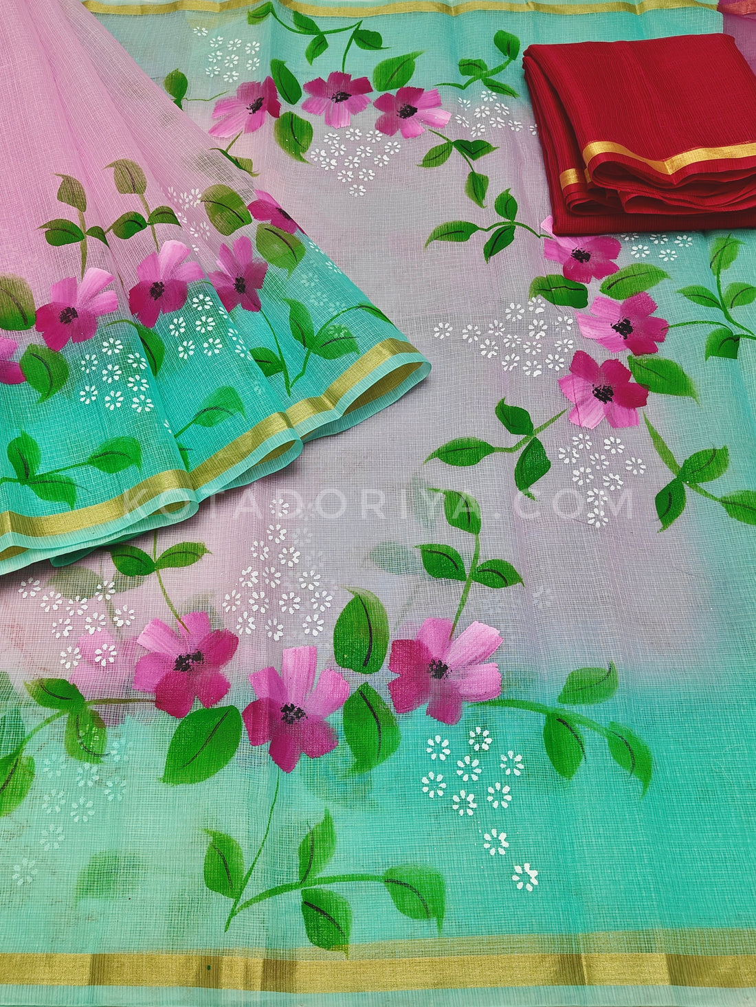 Pink Cotton Kota Doria Hand Painted Saree With Contrast Blouse