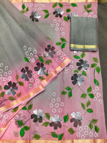 Gray Cotton Kota Doria Hand Painted Saree With Peach Border & Contrast Blouse Piece.