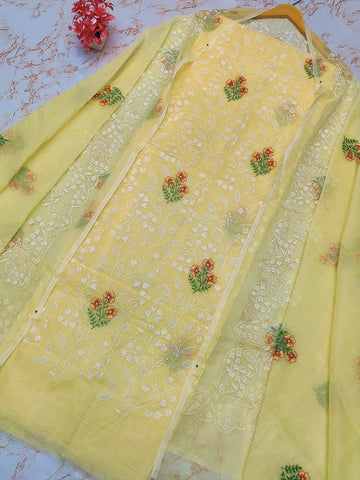 Yellow Kota Doria Cotton Embroidery Work Dress Material With Bottom