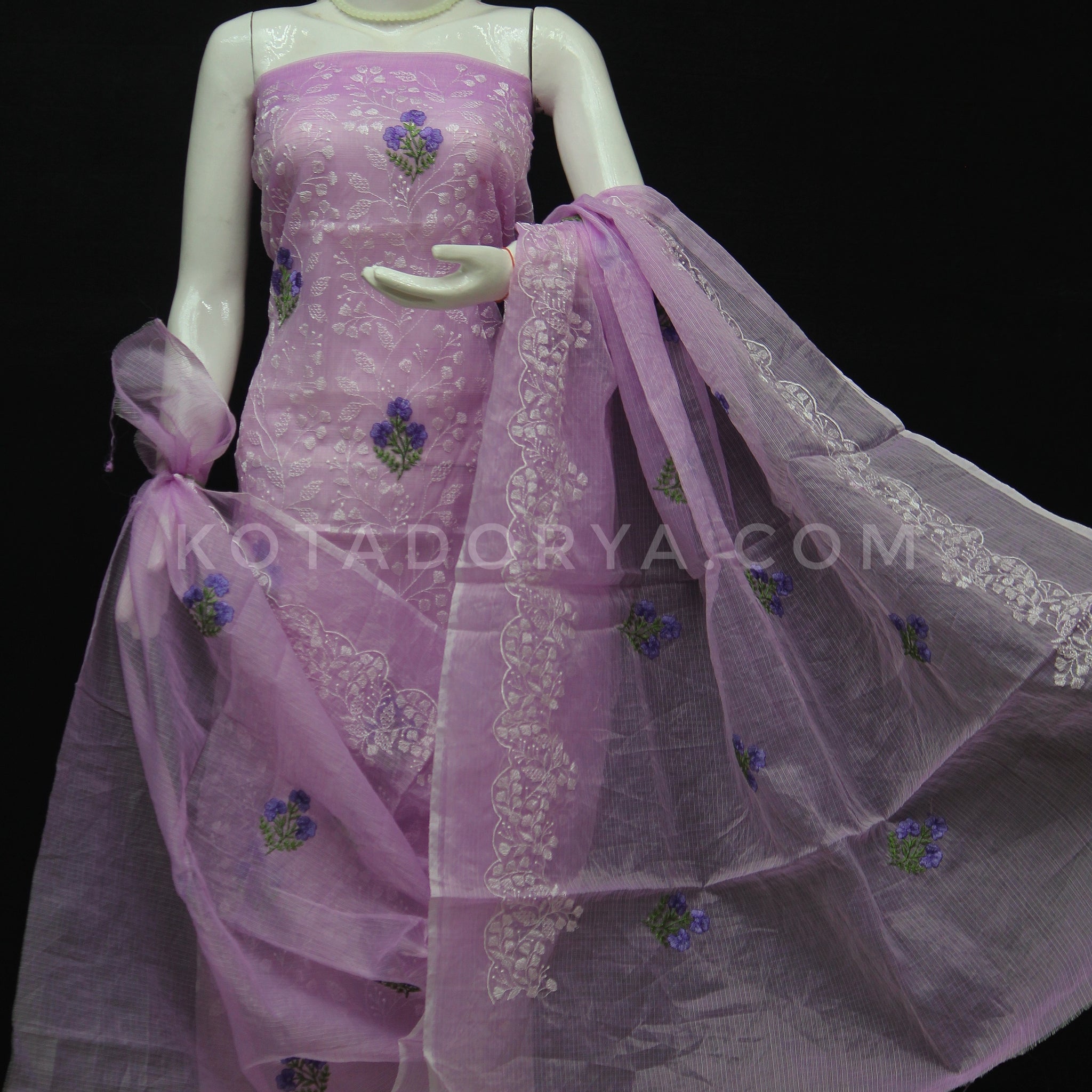 Purple Kota Doria Cotton Embroidery Work Dress Material With Bottom