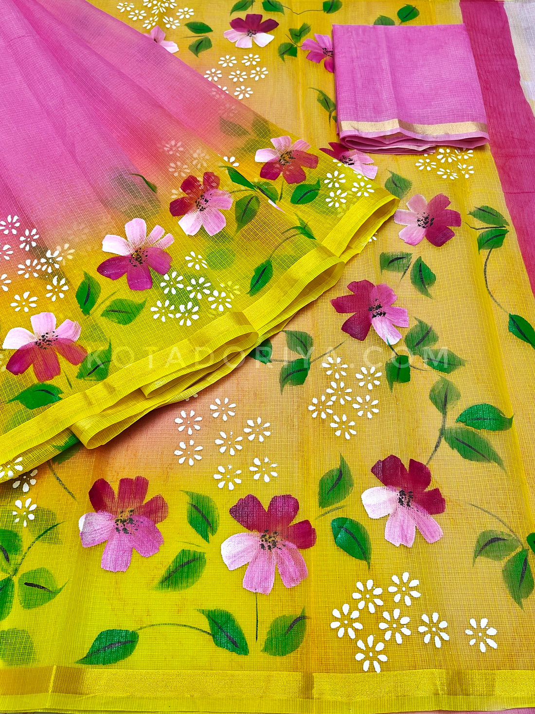Pink Cotton Kota Doria Hand Painted Saree With Yellow Border & Contrast Blouse Piece.