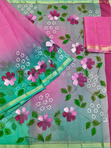Pink Cotton Kota Doria Hand Painted Saree With Sea-green Border & Contrast Blouse Piece.