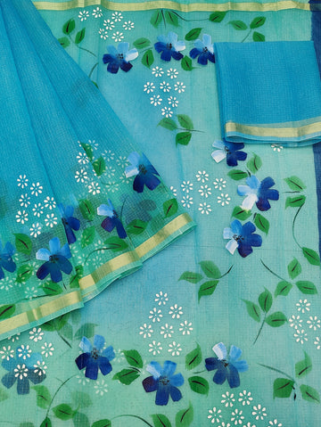 Sky-blue Cotton Kota Doria Hand Painted Saree With Sea-green Border & Contrast Blouse Piece.